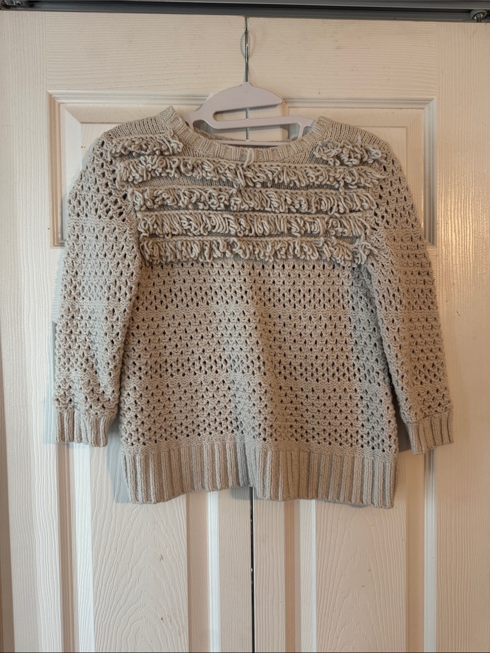 Anthropologie Cream Crochet Fringe Crewneck Sweater